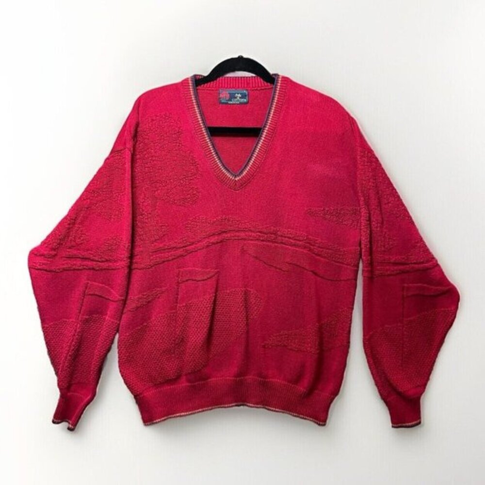 Vintage Isle of Cotton Golf Red Textured V-Neck Sweater Mens Large Made in USA